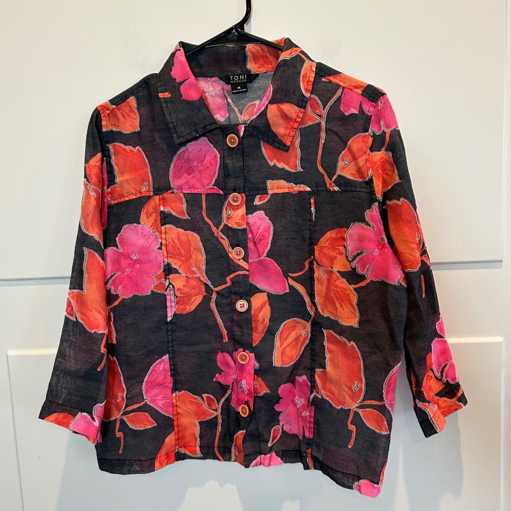 TONI MORGAN Women's Floral Print Collared Button Front Shirt Size M Pnk Black‎